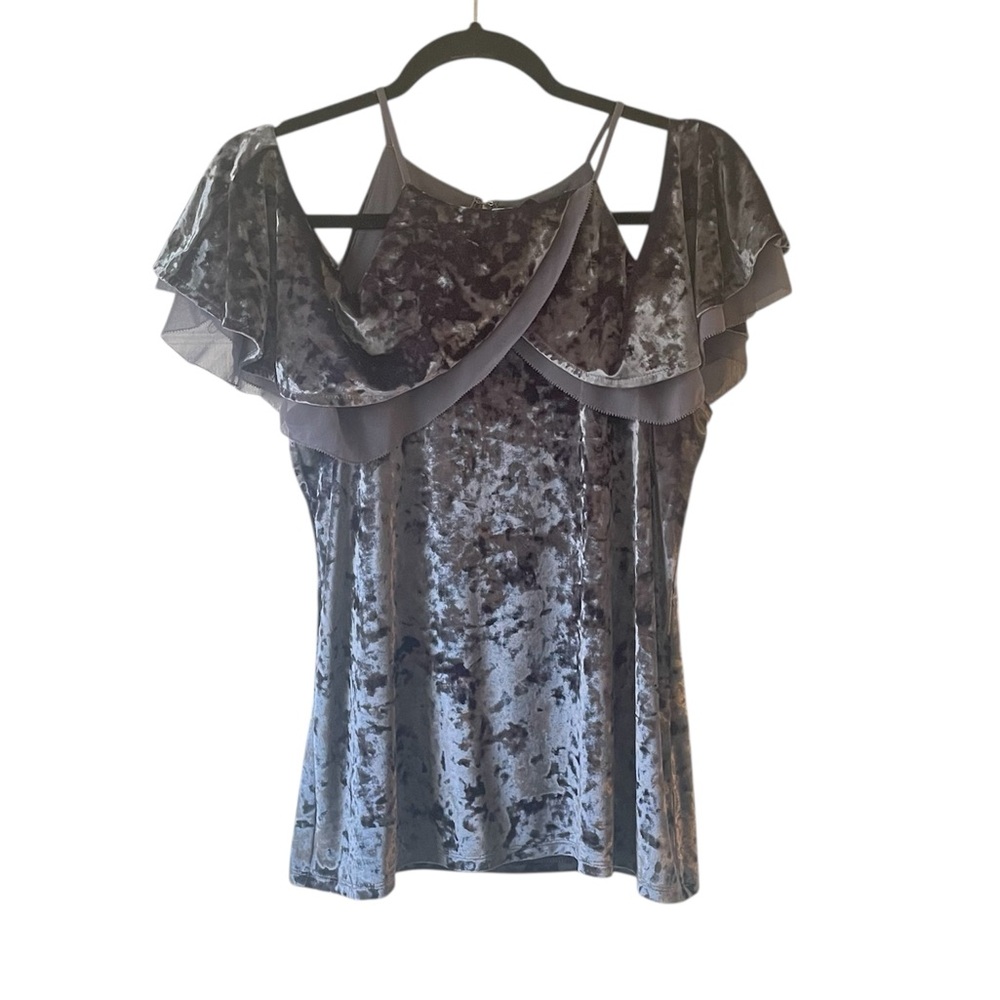 WHBM  blue velvet velour draped shoulder blouse size medium